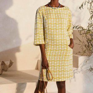 Boden Laurie Linen Yellow White Pineapple Print 3/4 Sleeve Shift Dress 8